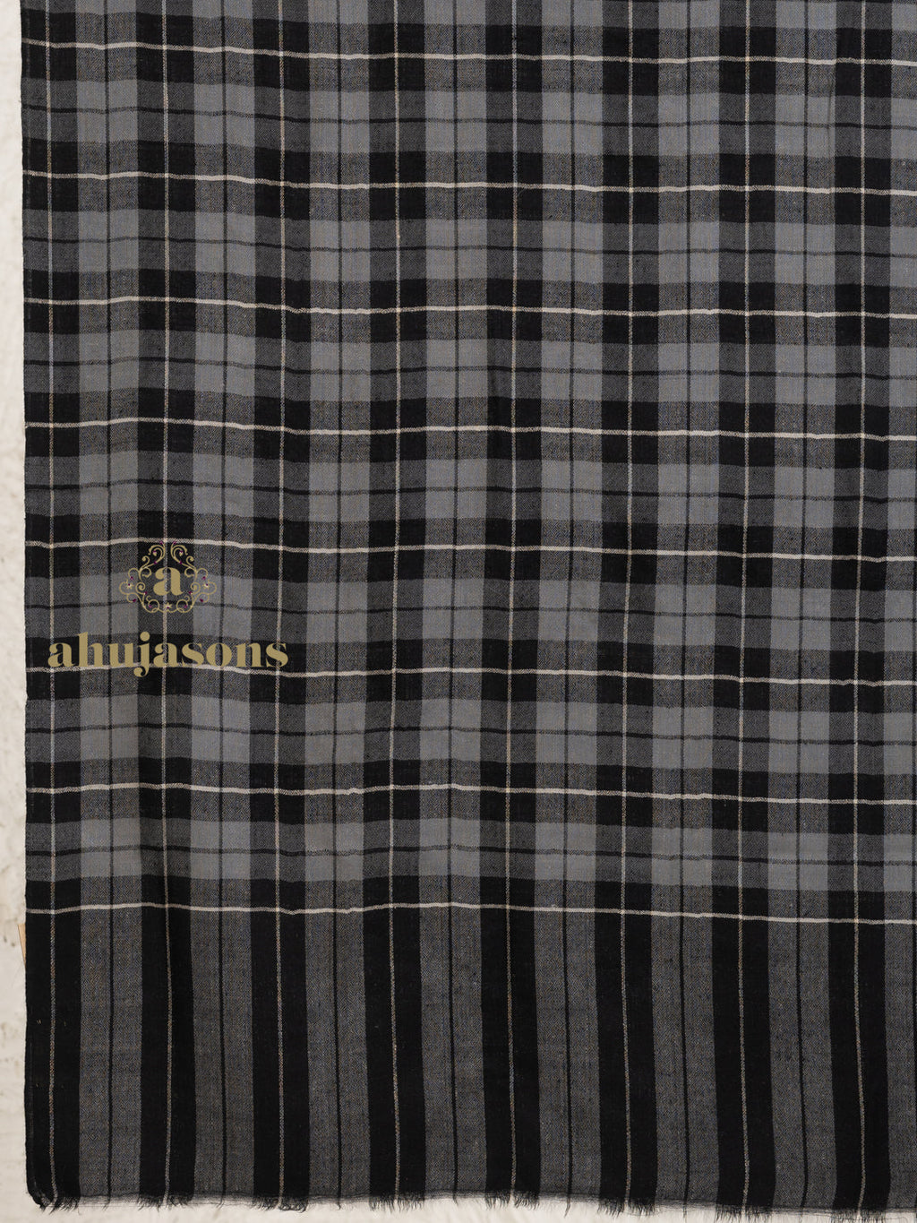 Black Handloom Pure Pashmina Stole — Elegant &White Check Pattern Stole