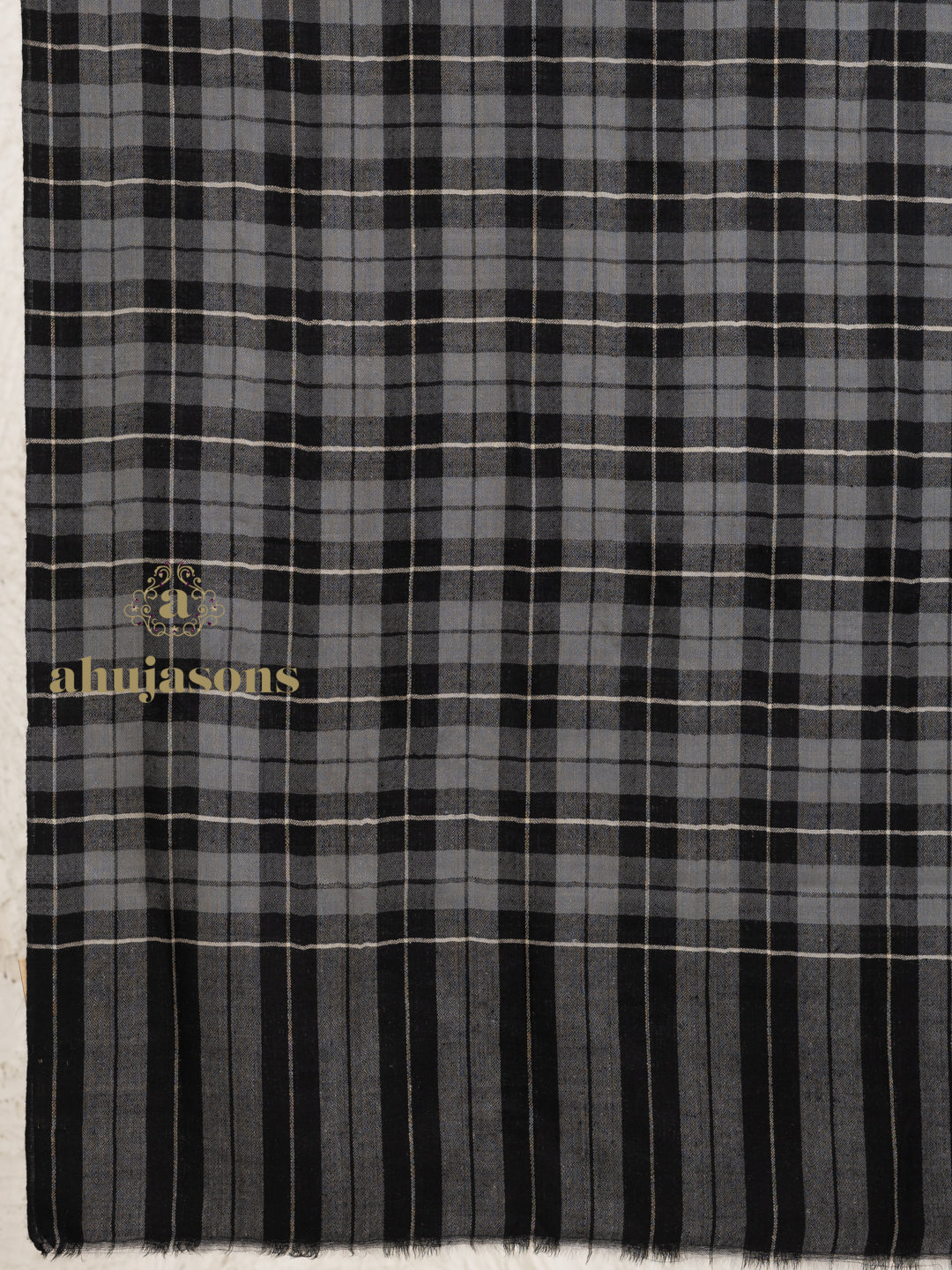 Black Handloom Pure Pashmina Stole — Elegant &White Check Pattern Stole