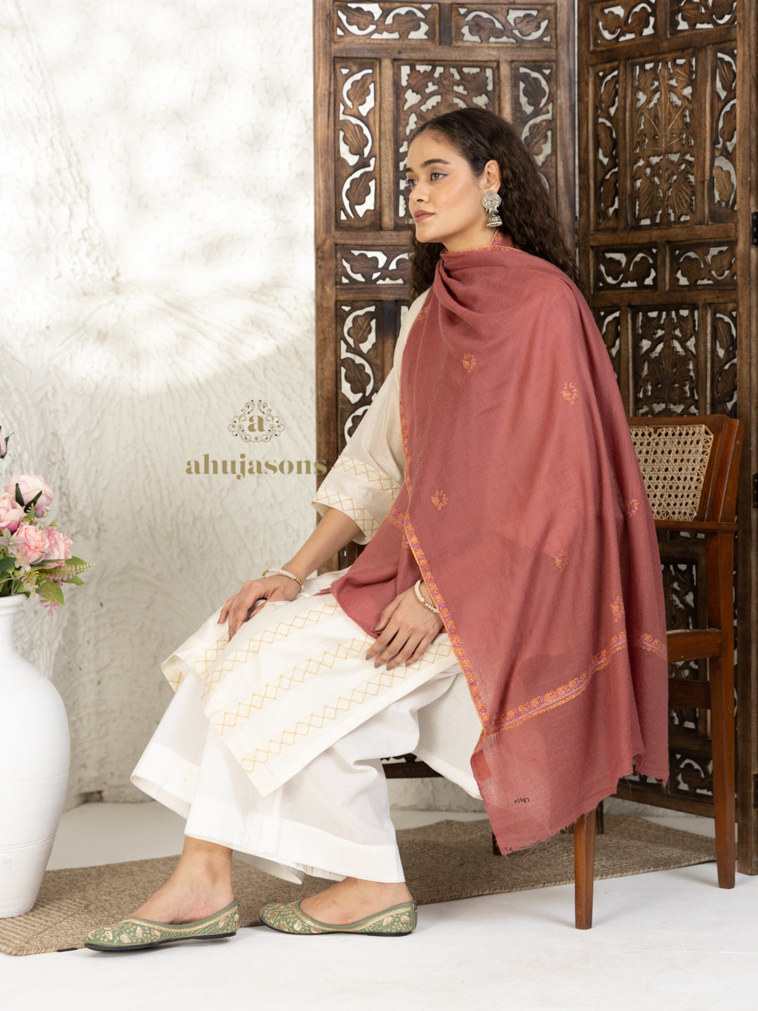 Dusty Rose Handloom Pure Pashmina Stole with intricate Booti Embroidery Stole detailing