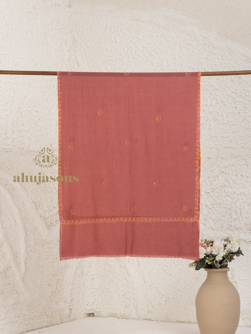 Dusty Rose Handloom Pure Pashmina Stole with intricate Booti Embroidery Stole detailing