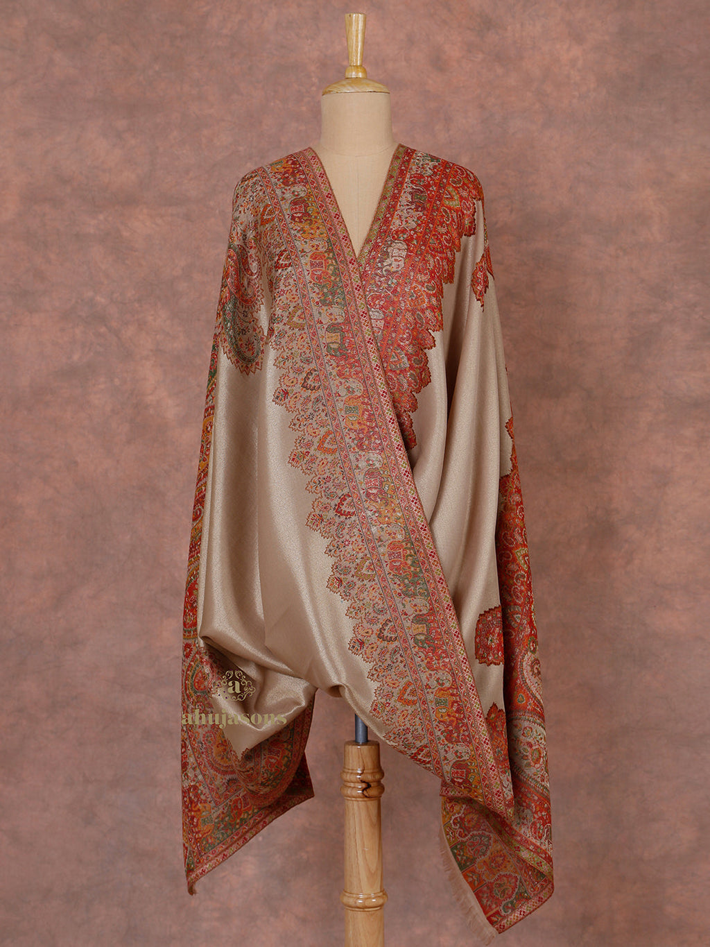 Brick Red Woollen Shawl with Lunar-Inspired Details