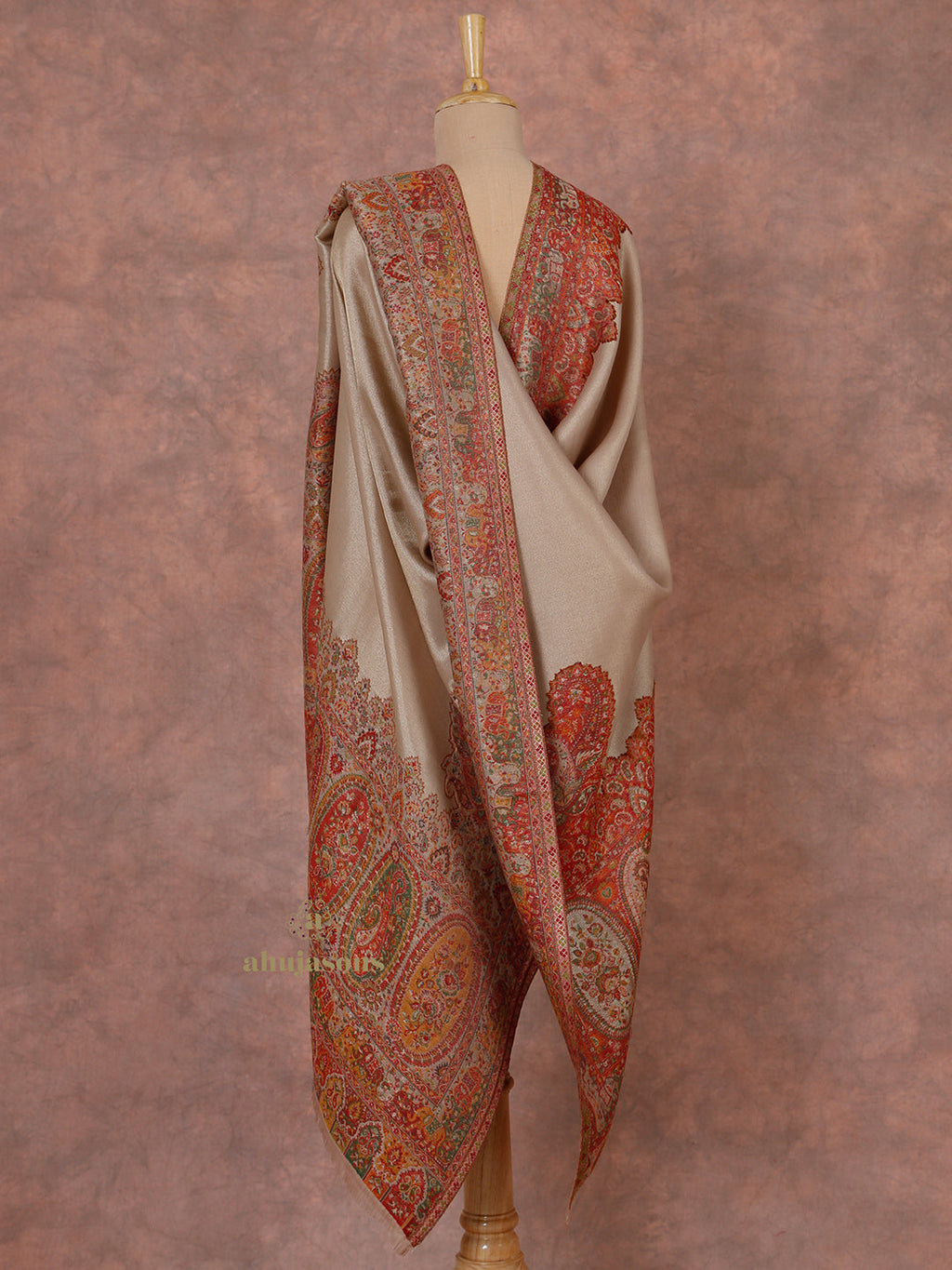 Brick Red Woollen Shawl with Lunar-Inspired Details