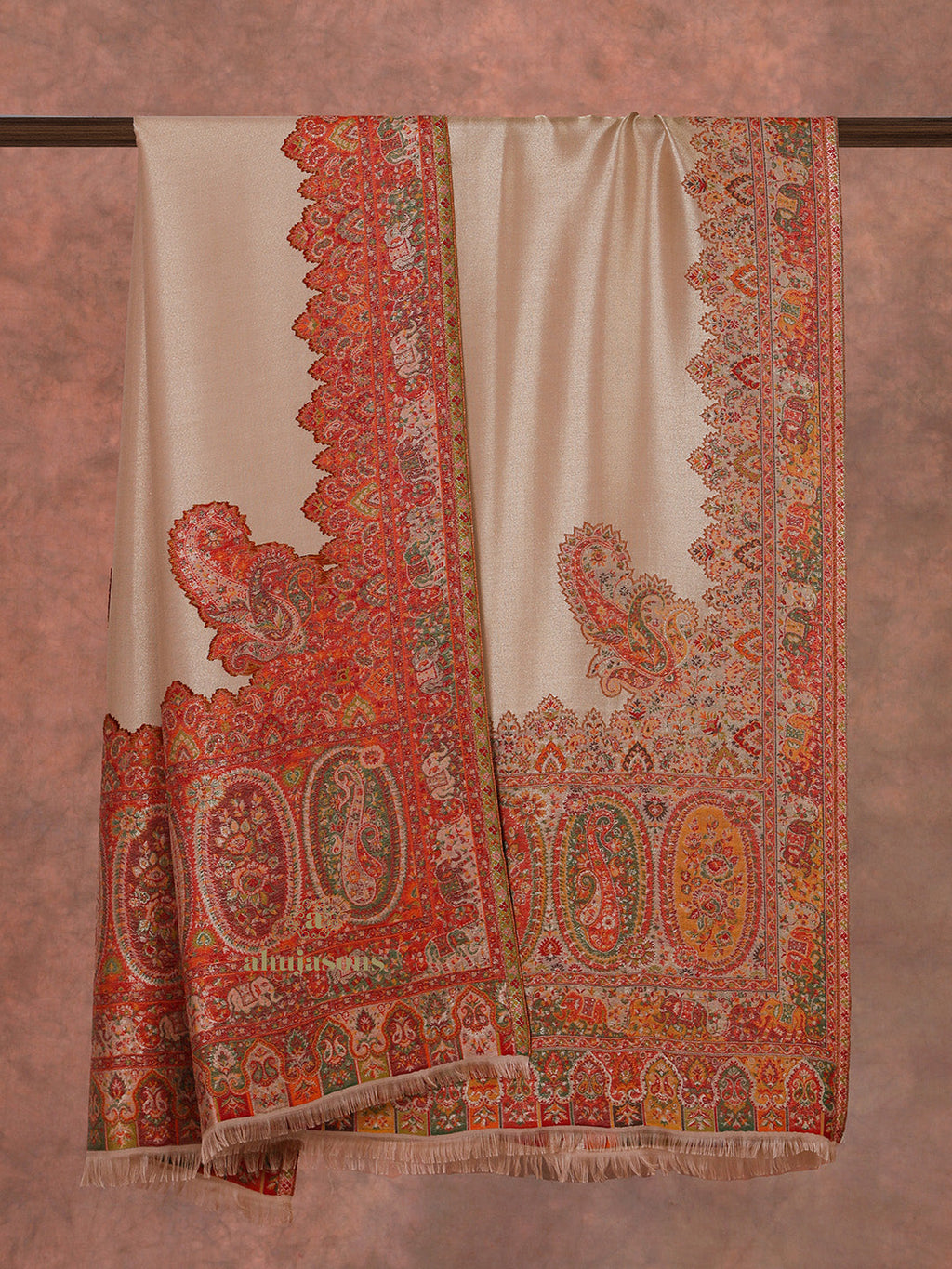 Brick Red Woollen Shawl with Lunar-Inspired Details