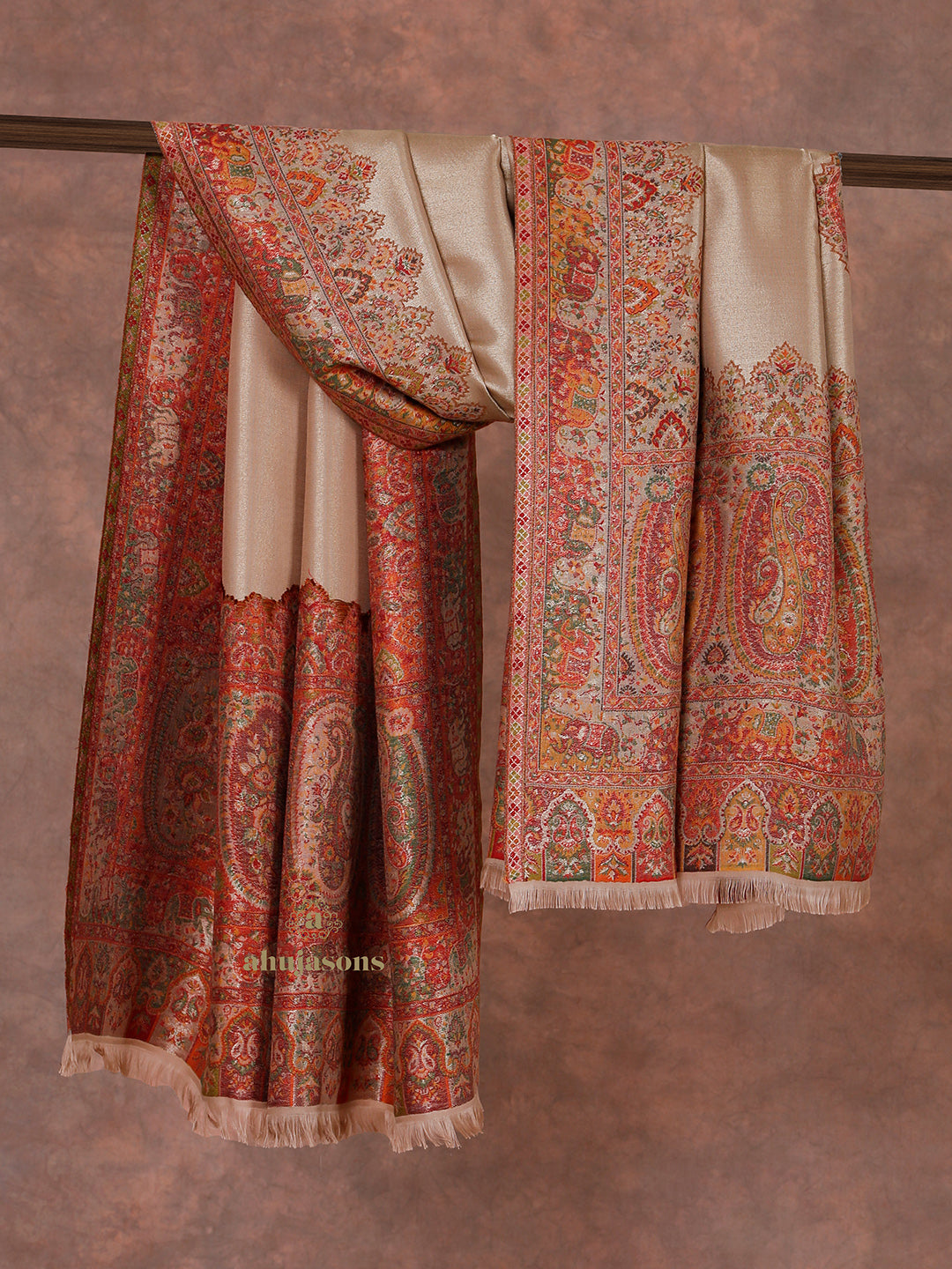 Brick Red Woollen Shawl with Lunar-Inspired Details