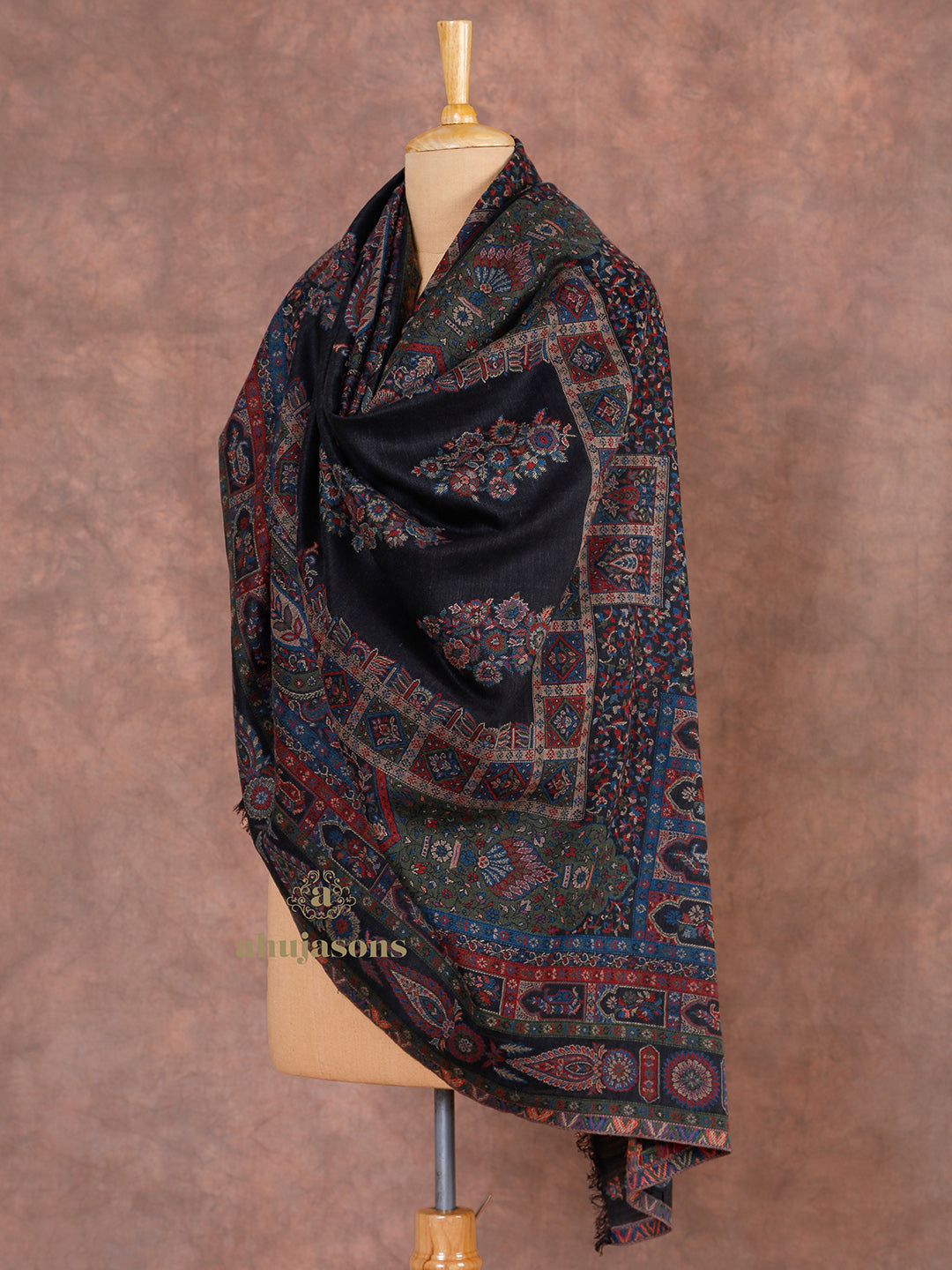 Black Woollen Shawl with Lunar-Inspired Details