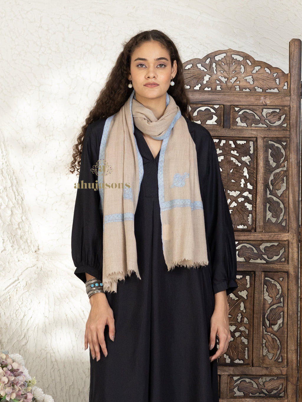 Beige Handloom Pure Pashmina Stole — Delicate Hashia Embroidery Stole