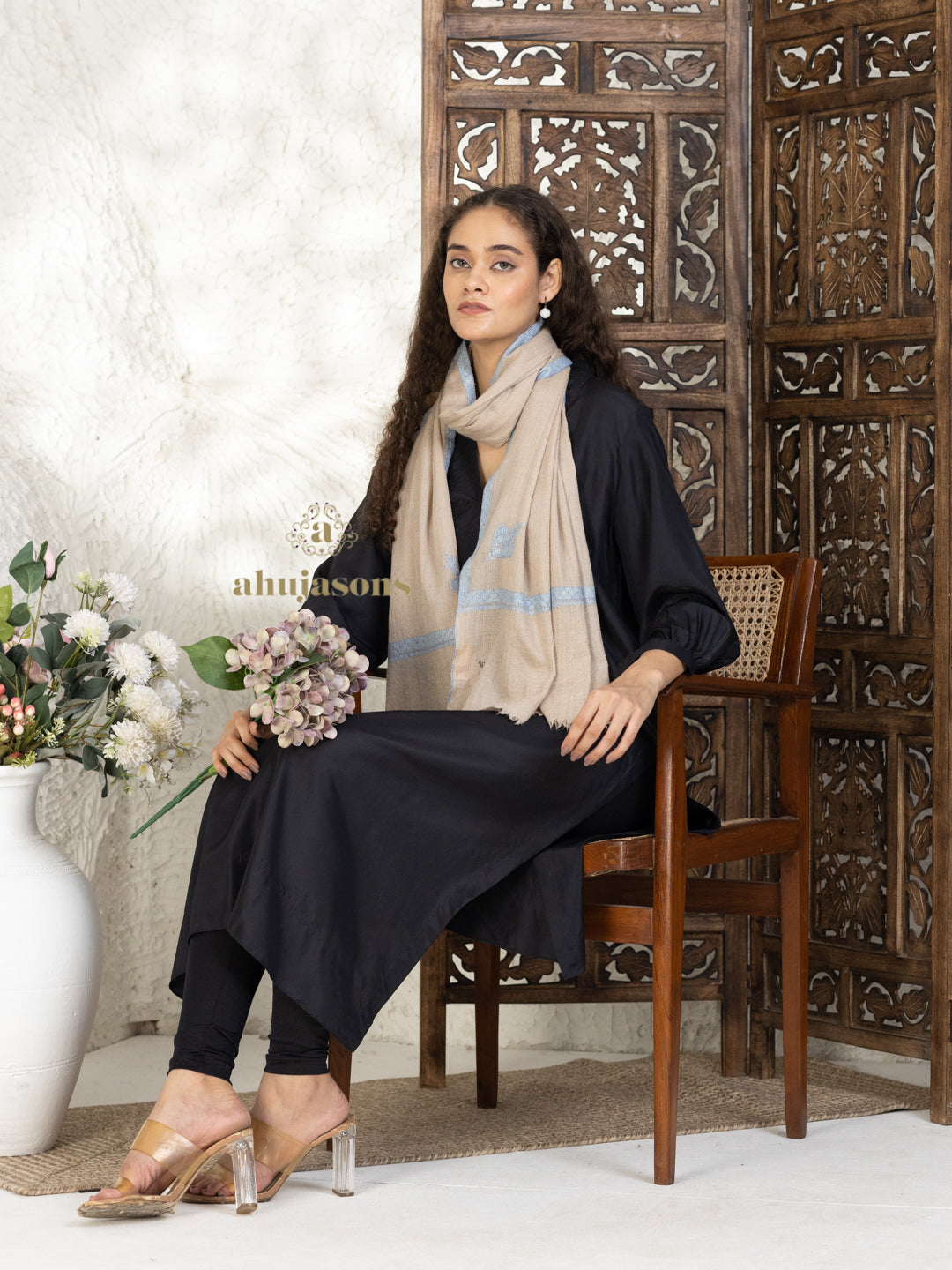 Beige Handloom Pure Pashmina Stole — Delicate Hashia Embroidery Stole