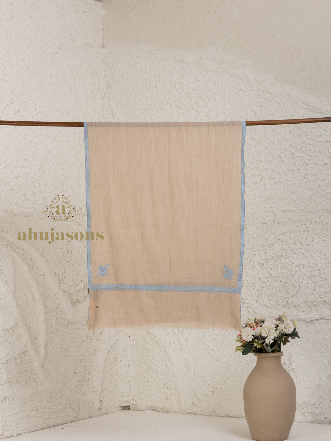 Beige Handloom Pure Pashmina Stole — Delicate Hashia Embroidery Stole