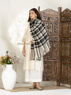 Beige Handloom Pure Pashmina Stole — Artisanal And White Check Pattern Stole