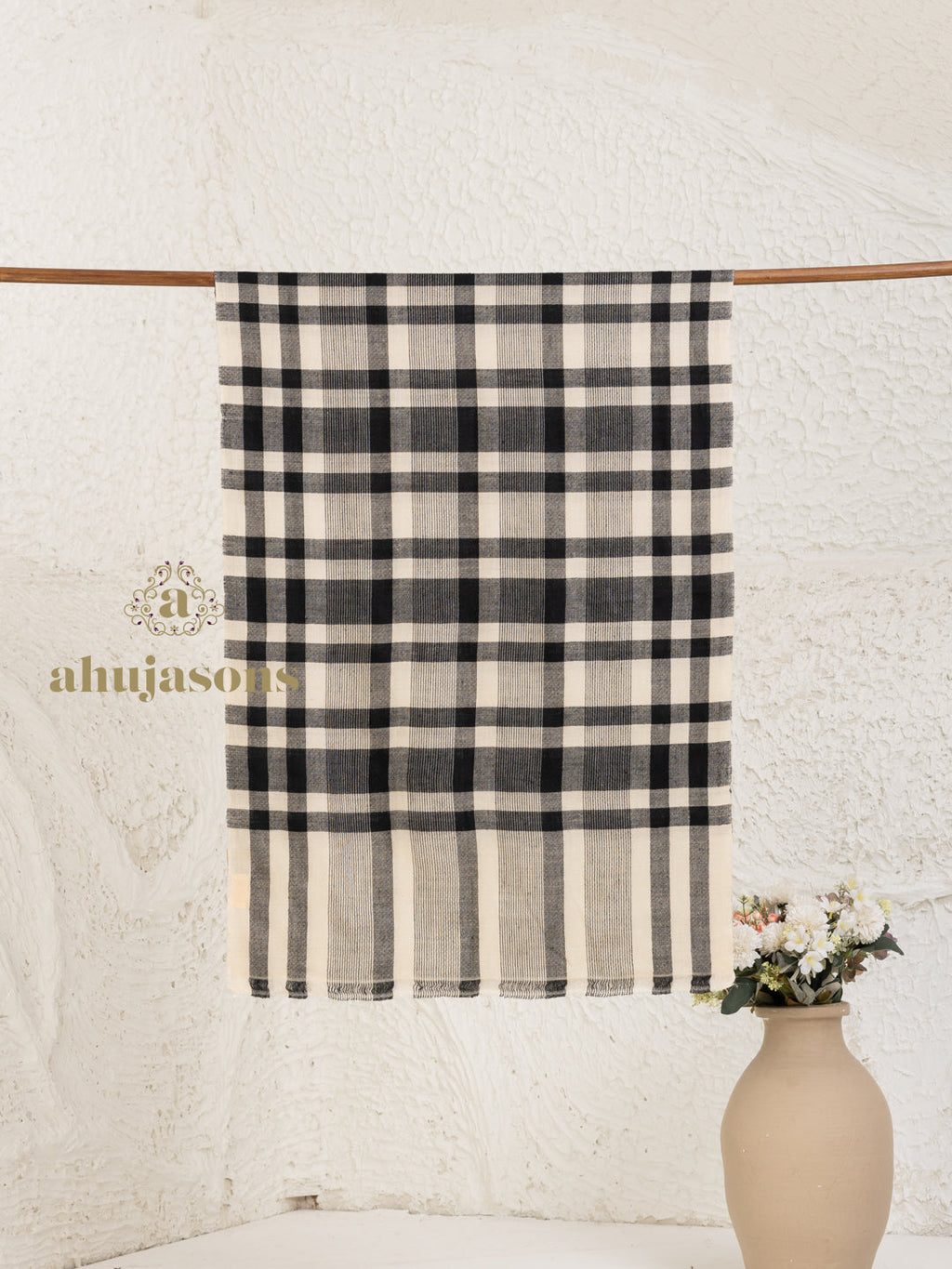 Beige Handloom Pure Pashmina Stole — Artisanal And White Check Pattern Stole