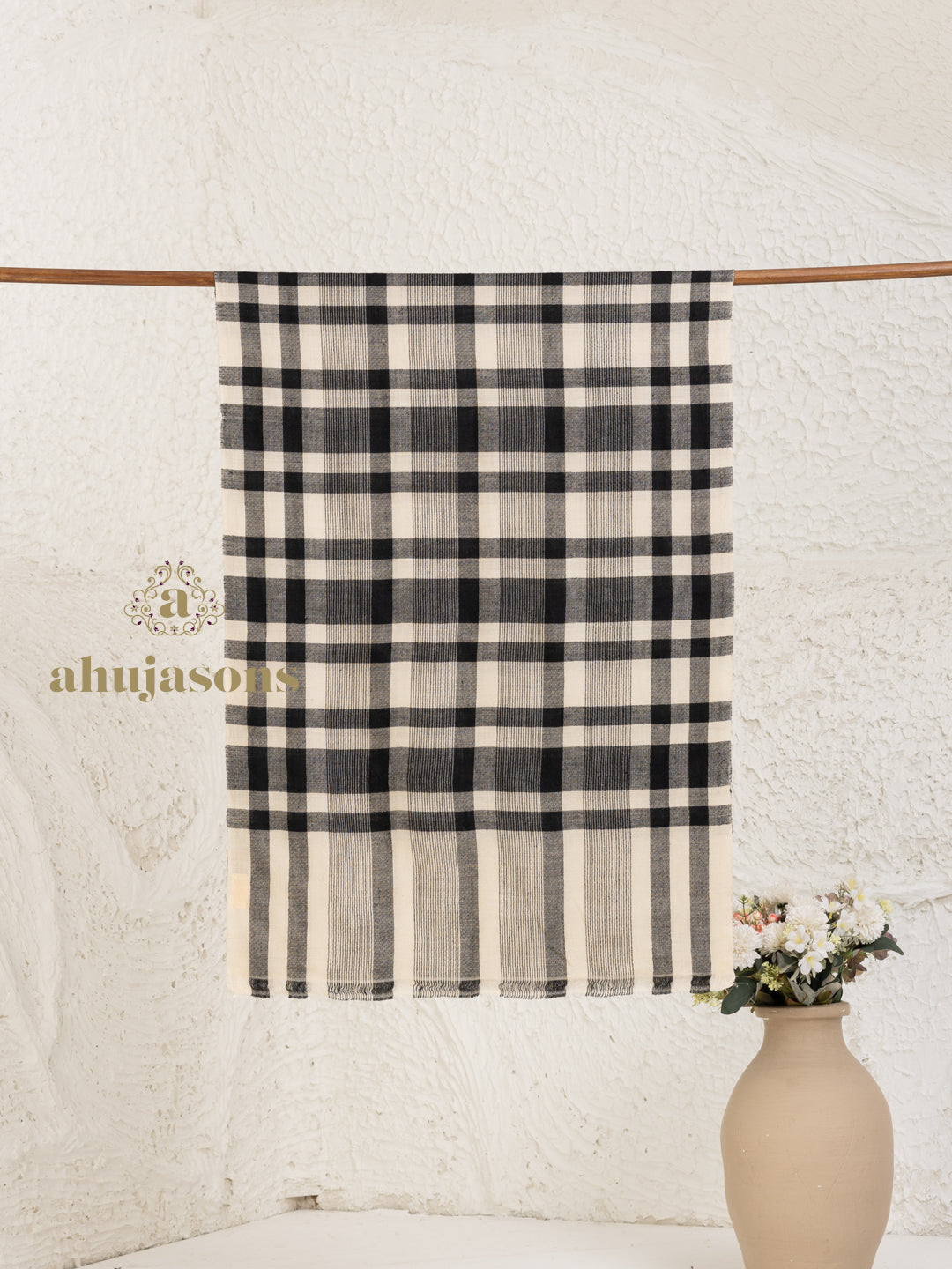 Beige Handloom Pure Pashmina Stole — Artisanal And White Check Pattern Stole