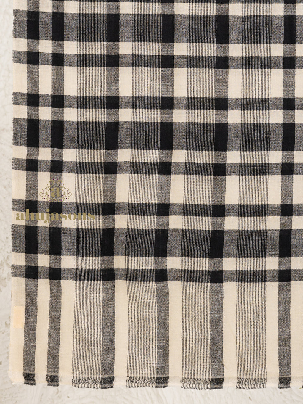 Beige Handloom Pure Pashmina Stole — Artisanal And White Check Pattern Stole