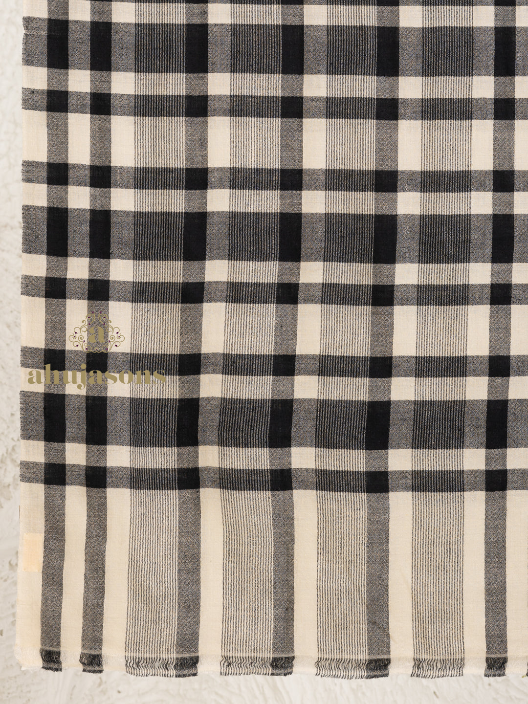 Beige Handloom Pure Pashmina Stole — Artisanal And White Check Pattern Stole
