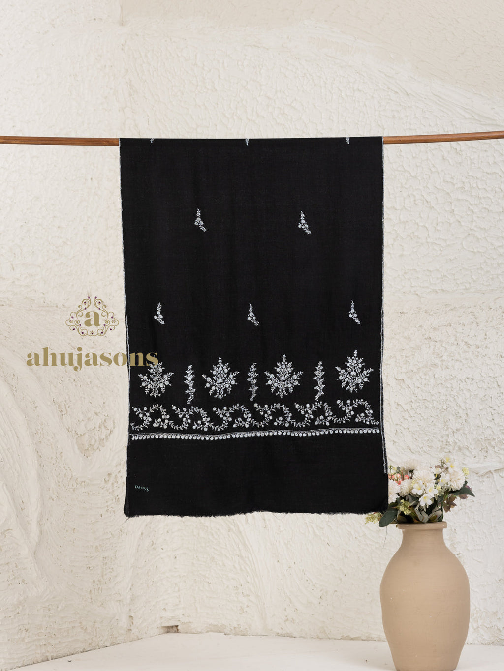 Black Handloom Pure Pashmina Stole — Palla And Booti Stole in elegant finish