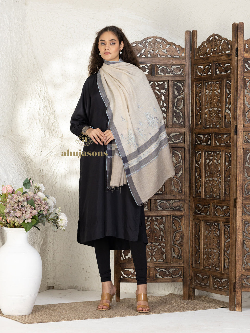 Beige Handloom Pure Pashmina Stole highlighted by artisanal Fancy Stole