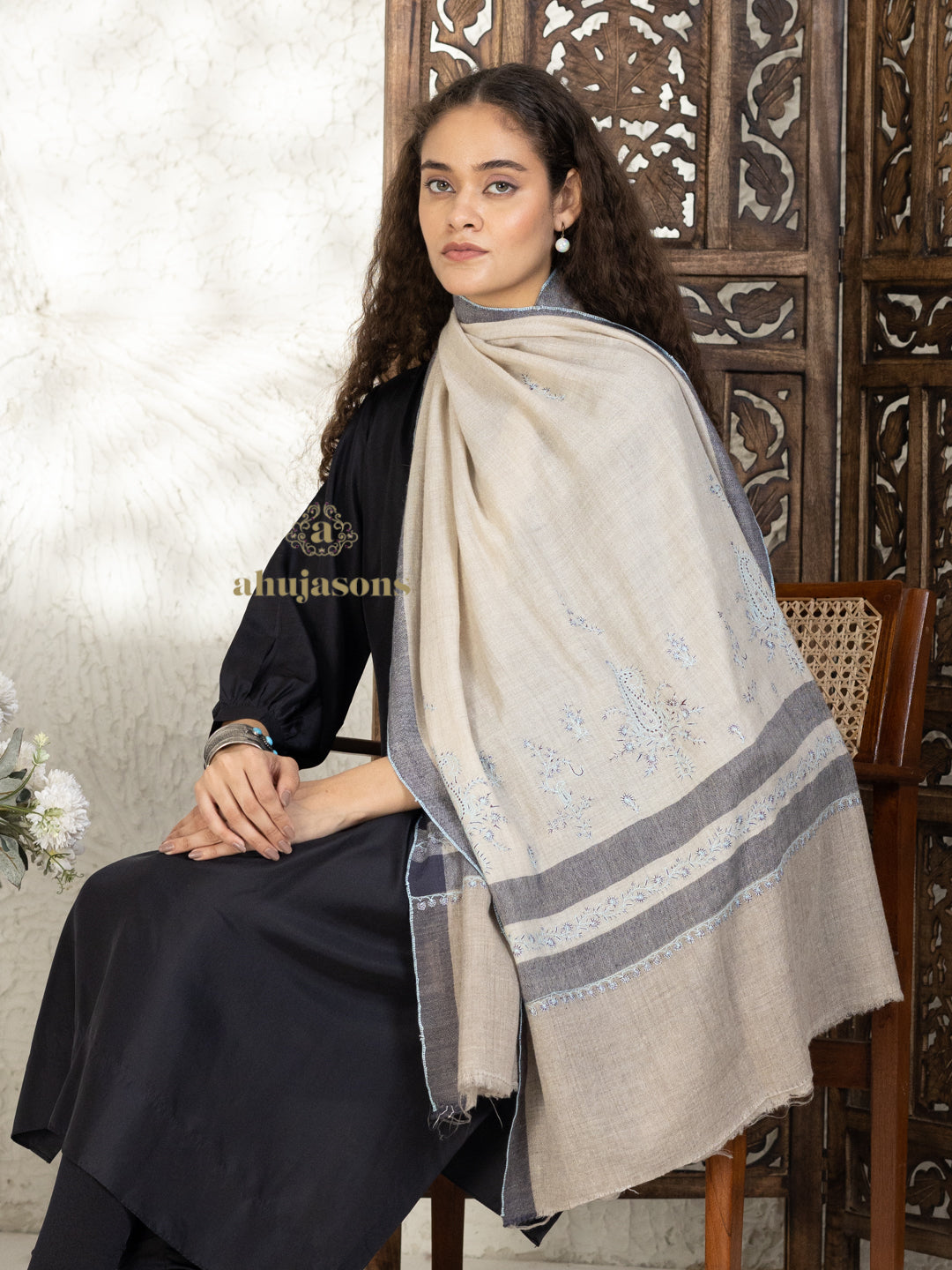 Beige Handloom Pure Pashmina Stole highlighted by artisanal Fancy Stole