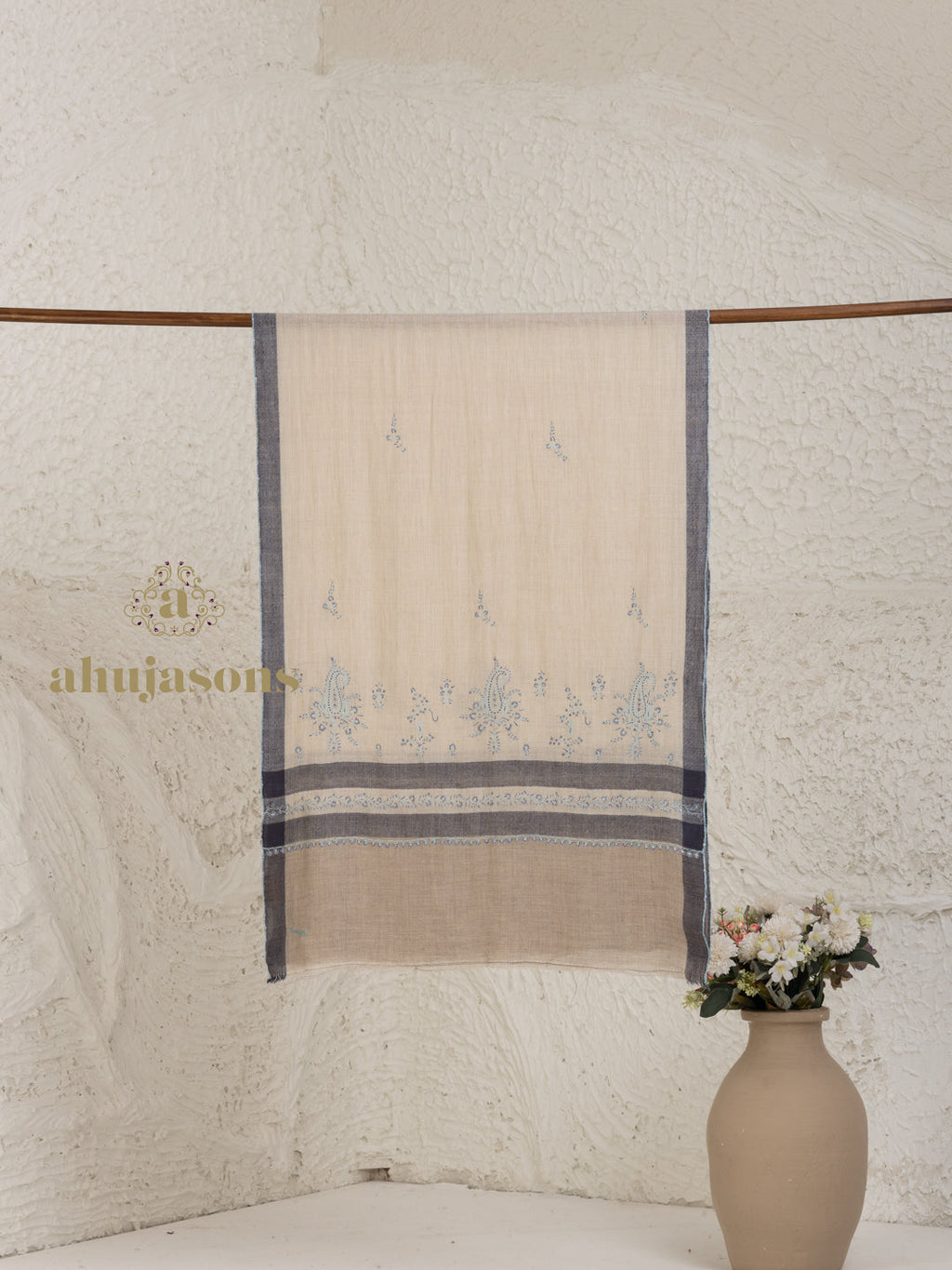 Beige Handloom Pure Pashmina Stole highlighted by artisanal Fancy Stole