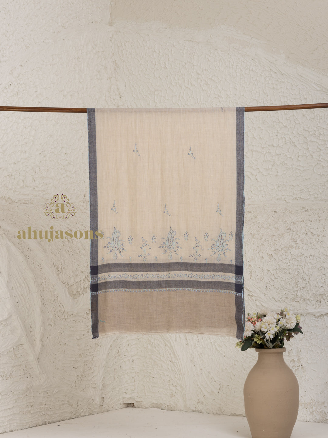 Beige Handloom Pure Pashmina Stole highlighted by artisanal Fancy Stole