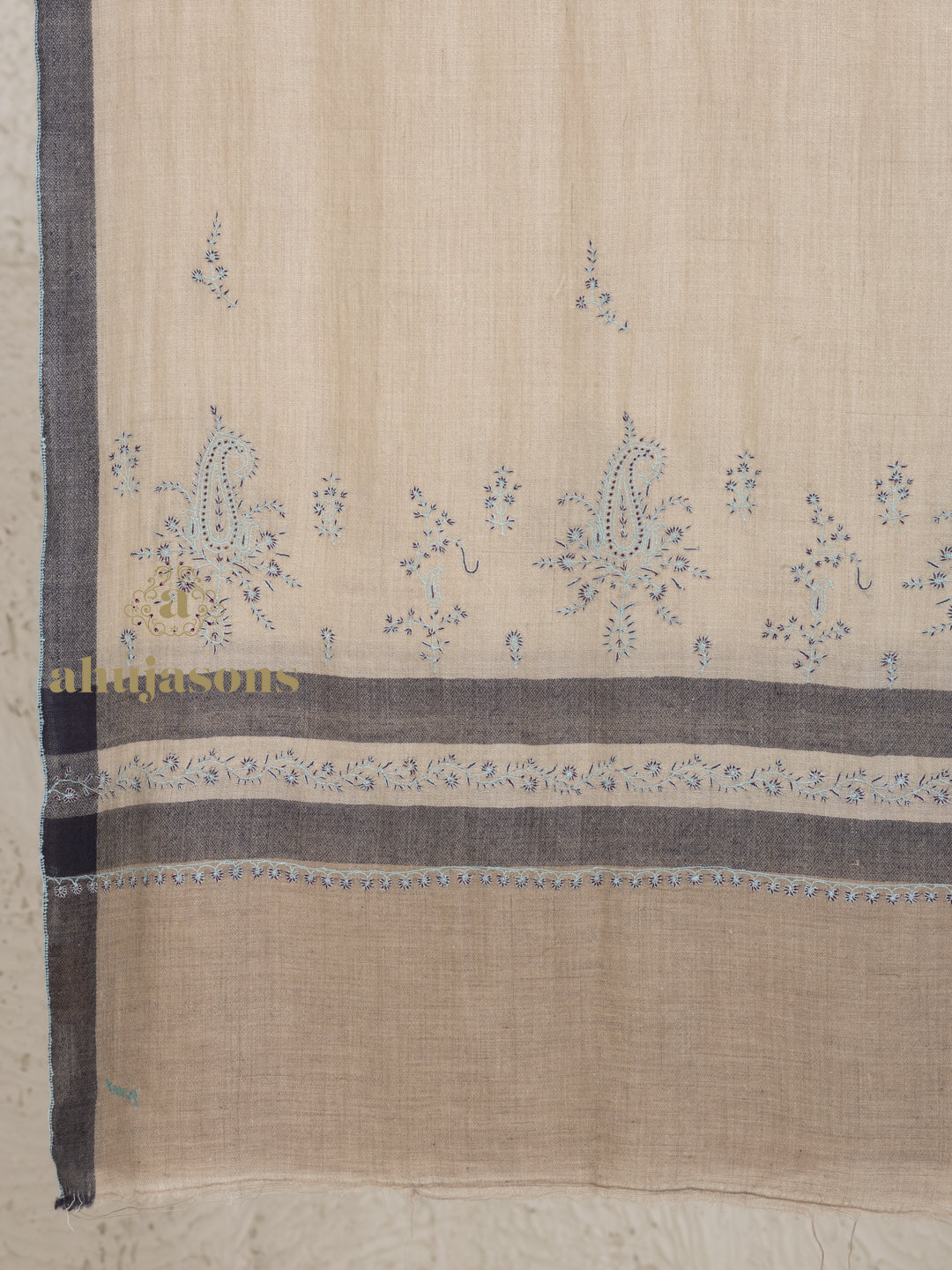 Beige Handloom Pure Pashmina Stole highlighted by artisanal Fancy Stole