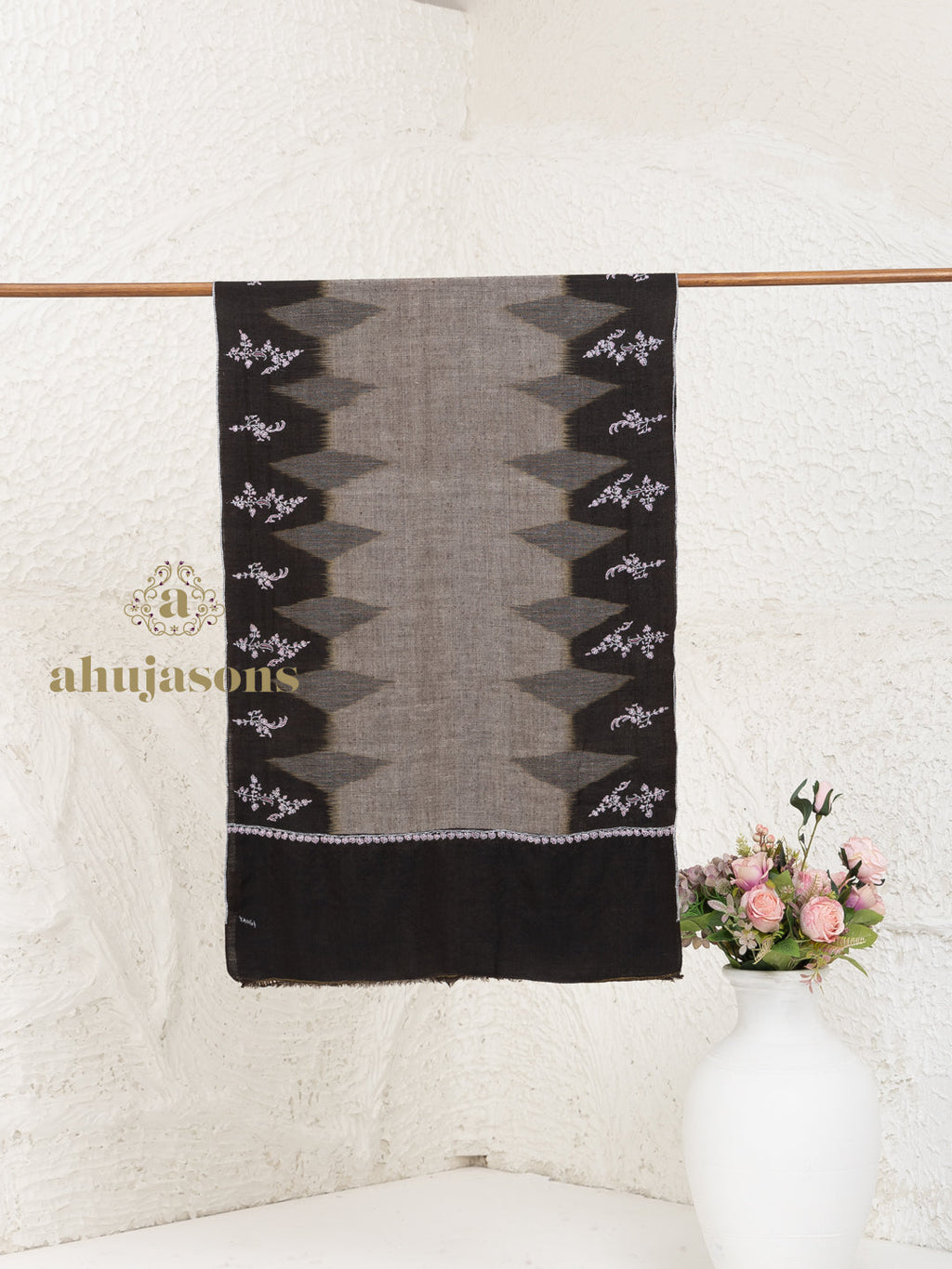 Black Handloom Pure Pashmina Stole rendered in intricate Fancy Ekat Stole