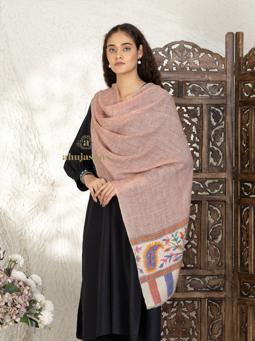 Beige Handloom Pure Pashmina Stole — Kaani In Palla Stole in refined finish