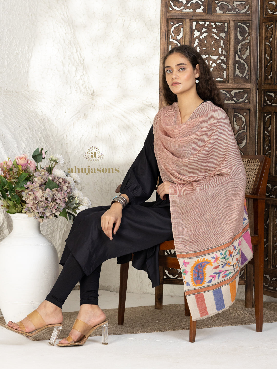 Beige Handloom Pure Pashmina Stole — Kaani In Palla Stole in refined finish