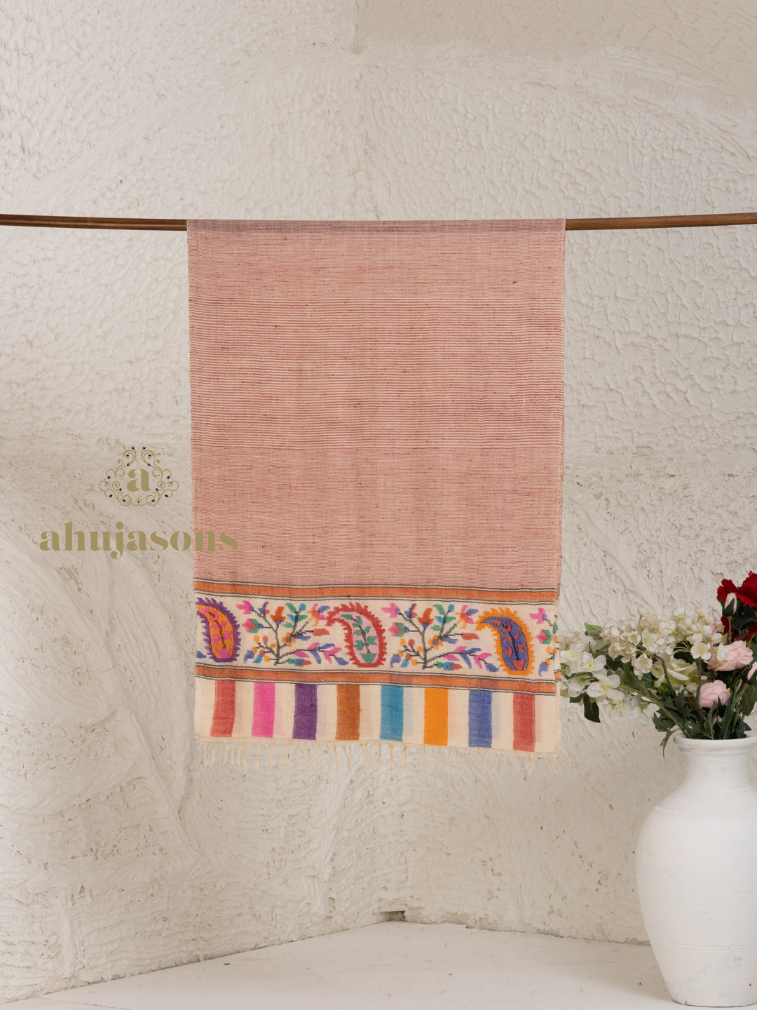 Beige Handloom Pure Pashmina Stole — Kaani In Palla Stole in refined finish