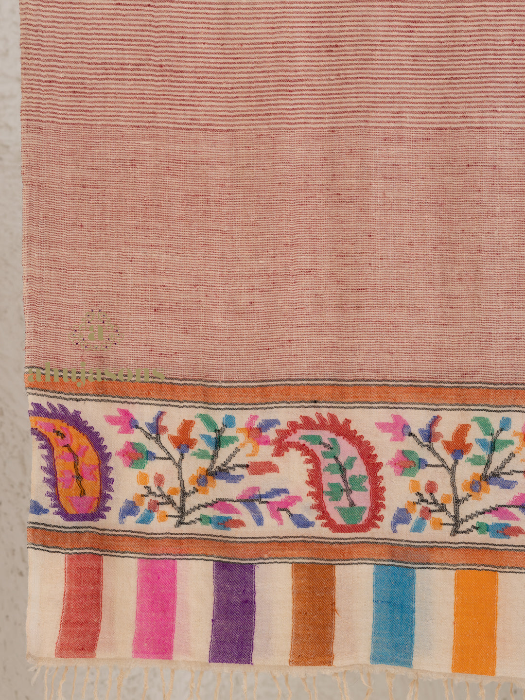 Beige Handloom Pure Pashmina Stole — Kaani In Palla Stole in refined finish