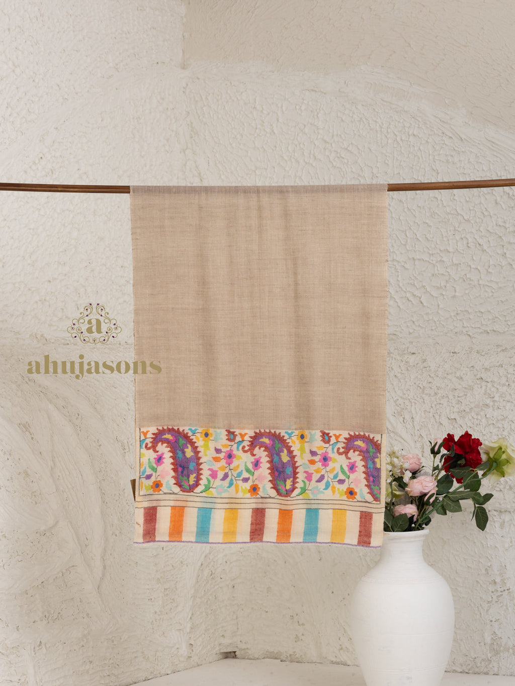 Beige Handloom Pure Pashmina Stole — Kaani Palla Stole in sublime finish