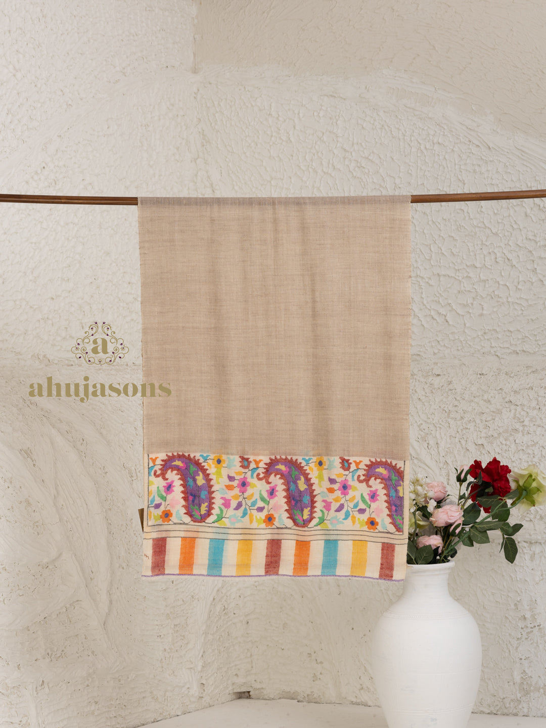 Beige Handloom Pure Pashmina Stole — Kaani Palla Stole in sublime finish