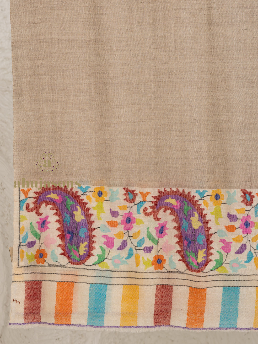 Beige Handloom Pure Pashmina Stole — Kaani Palla Stole in sublime finish