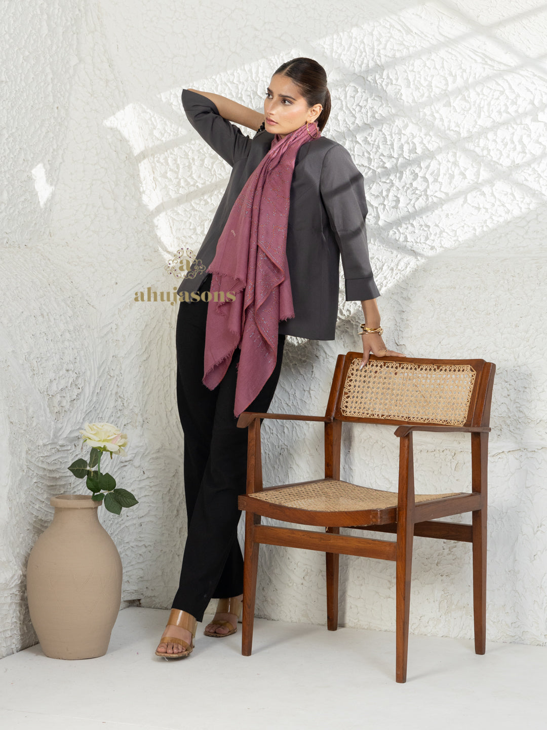 Dusty Rose Handloom Pure Pashmina Stole — Artisanal Jaal Stole