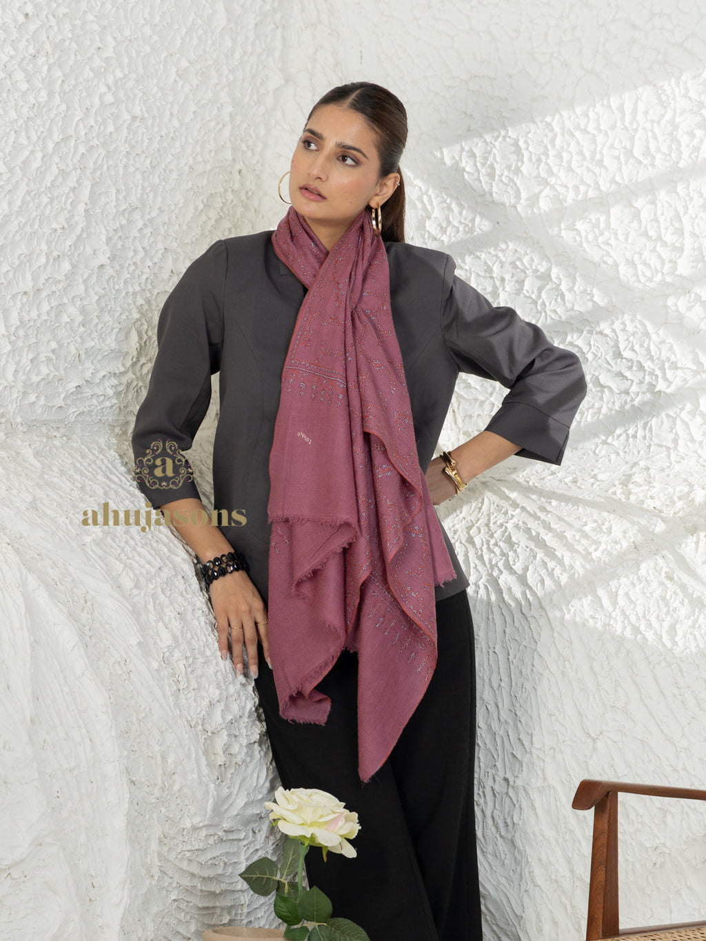 Dusty Rose Handloom Pure Pashmina Stole — Artisanal Jaal Stole