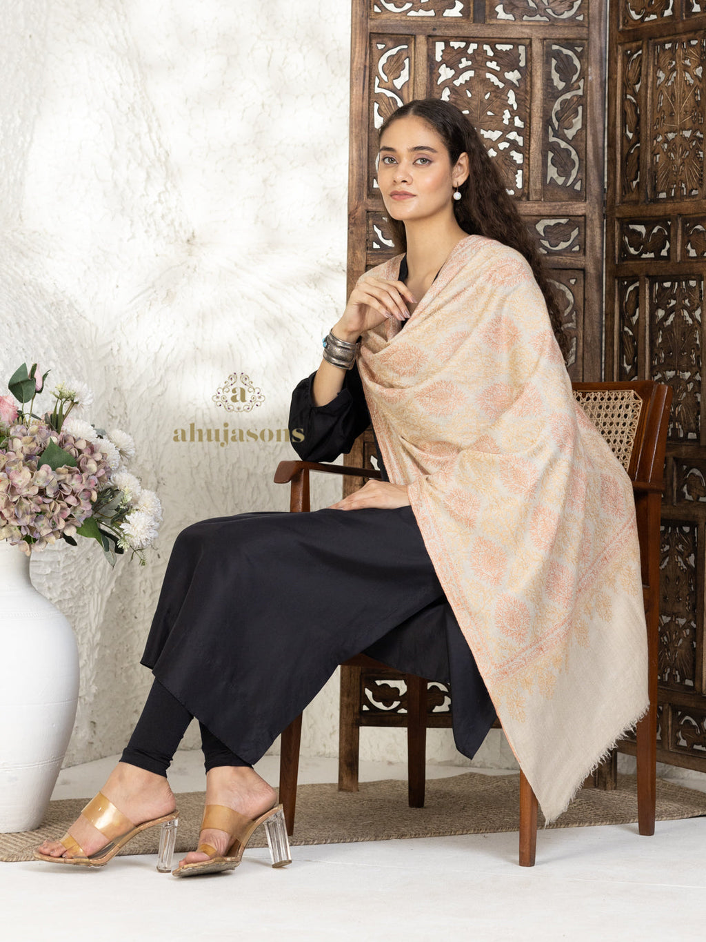 Beige Handloom Pure Pashmina Stole adorned with Jama Stole