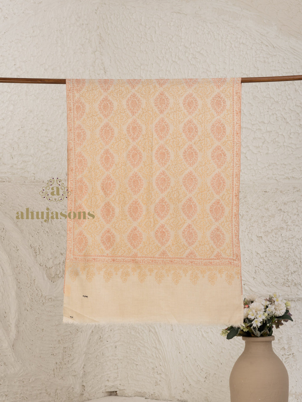 Beige Handloom Pure Pashmina Stole adorned with Jama Stole