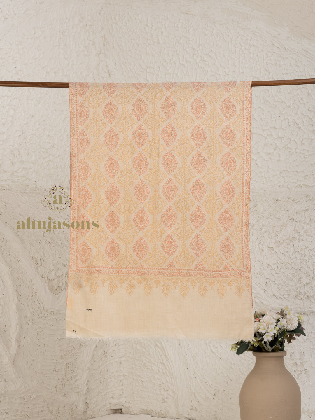 Beige Handloom Pure Pashmina Stole adorned with Jama Stole