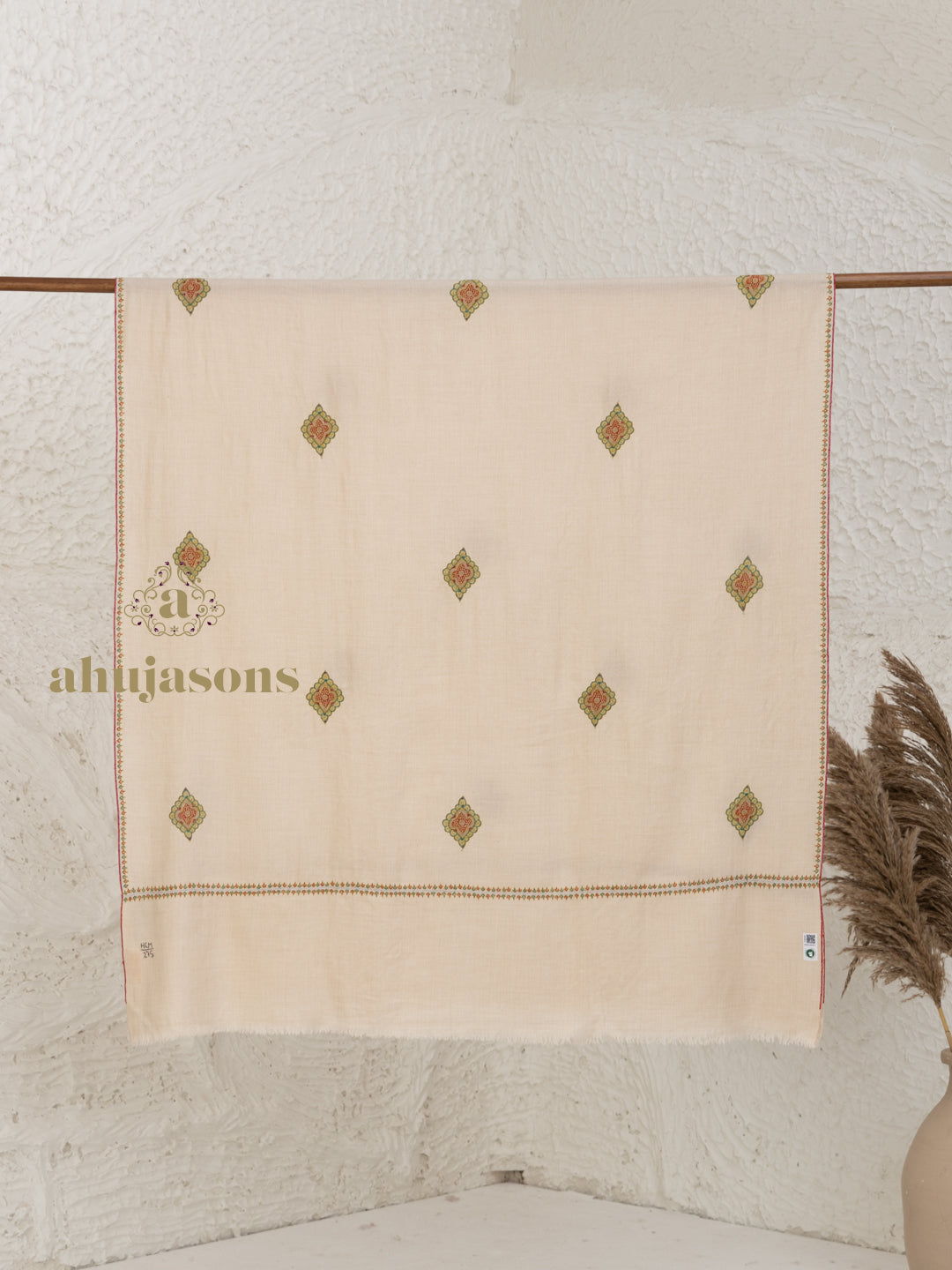 Beige Handloom Pure Pashmina Shawl featuring Booti Embroidery