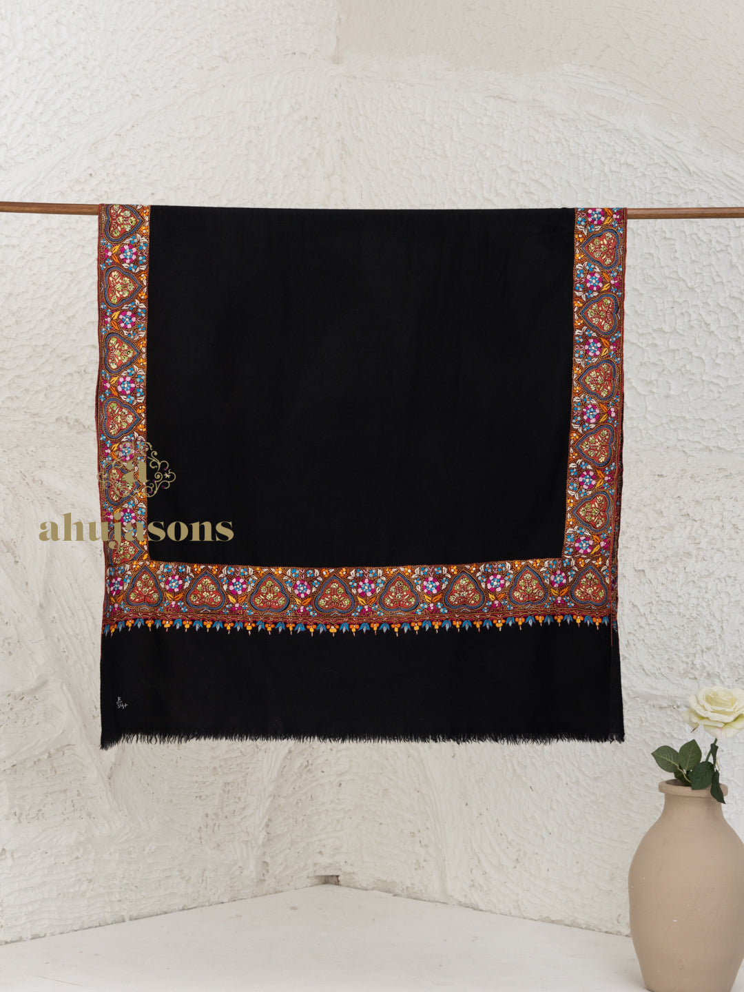 Black Handloom Pure Pashmina Shawl — Artisanal Gulaabdaar Border Embroidery