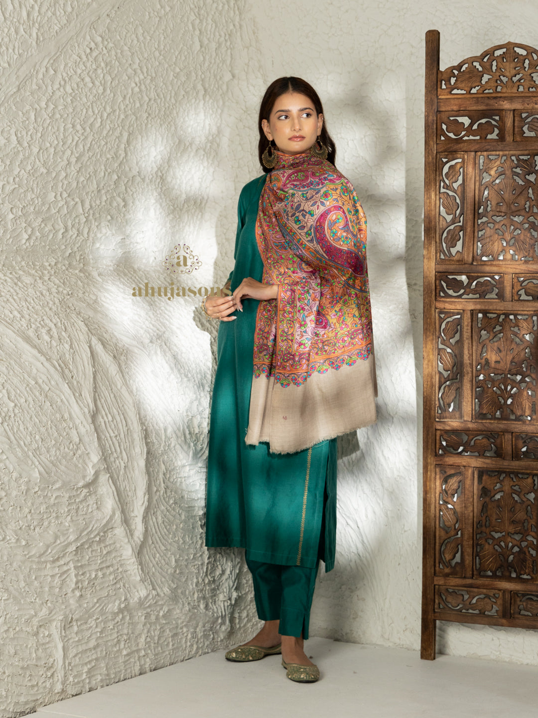 Beige Handloom Pure Pashmina Shawl — Gulaabdaar Embroidery in refined finish