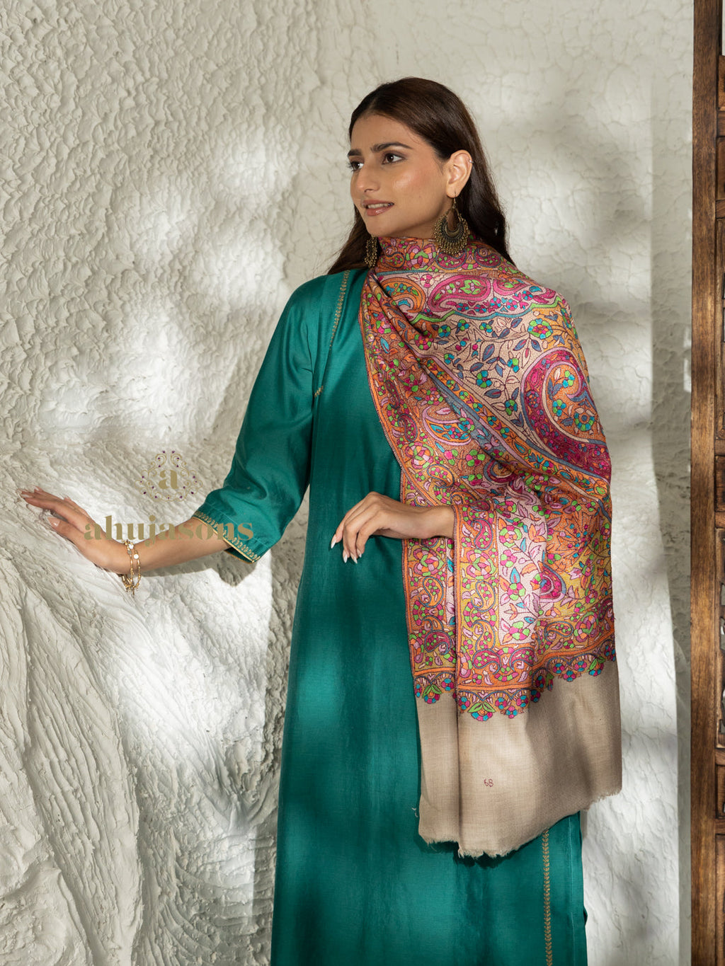 Beige Handloom Pure Pashmina Shawl — Gulaabdaar Embroidery in refined finish