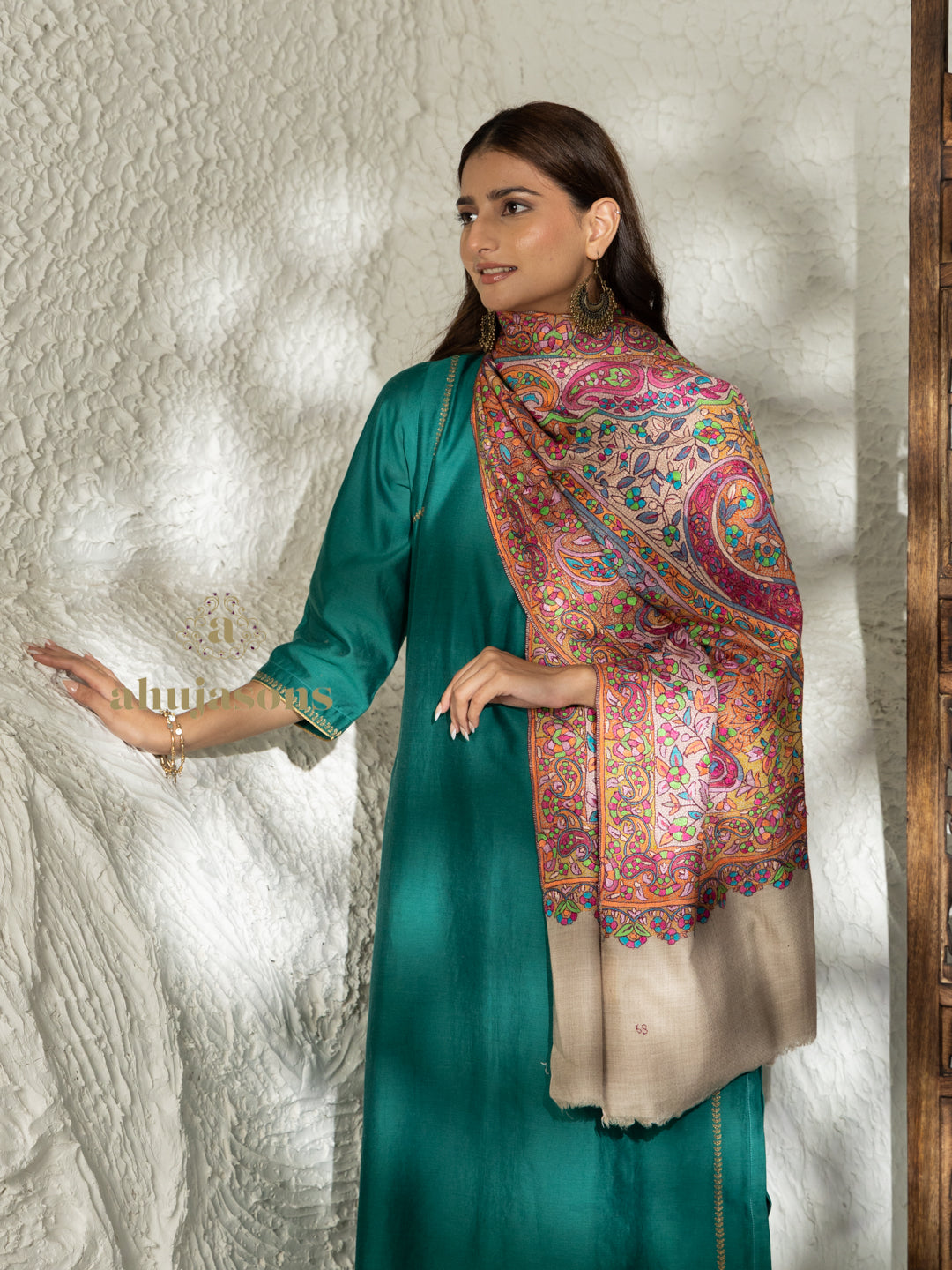 Beige Handloom Pure Pashmina Shawl — Gulaabdaar Embroidery in refined finish