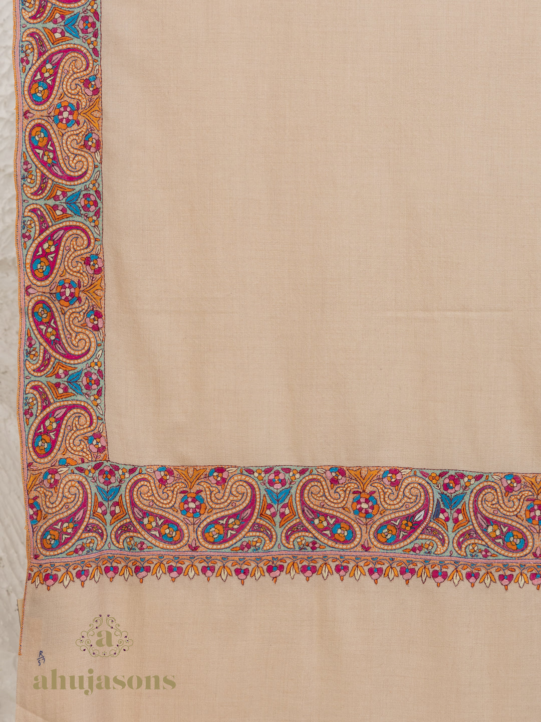 Beige Handloom Pure Pashmina Shawl — Delicate Gulaabdaar Border Embroidery