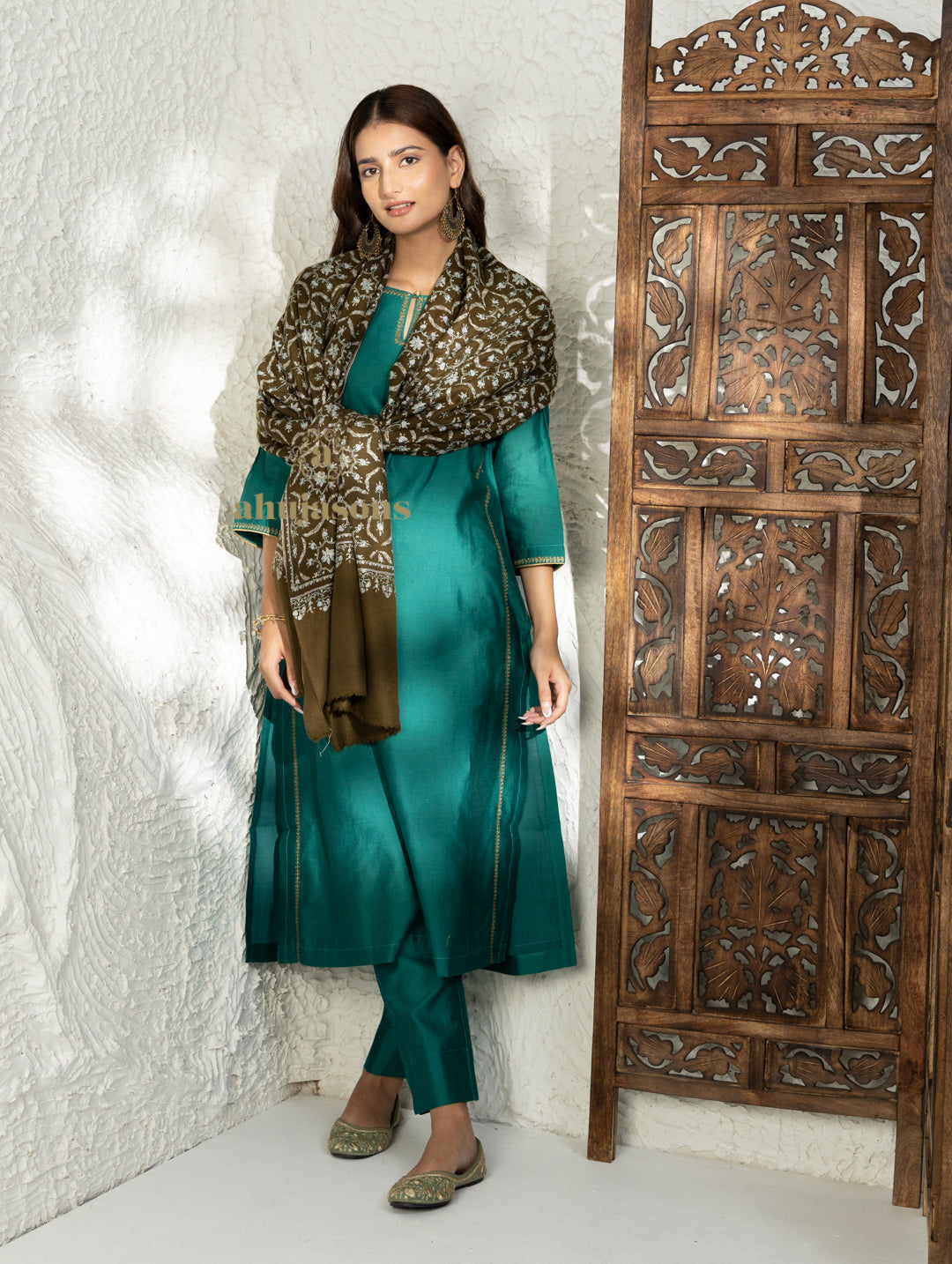 Brown Handloom Pure Pashmina Shawl rendered in Jaal