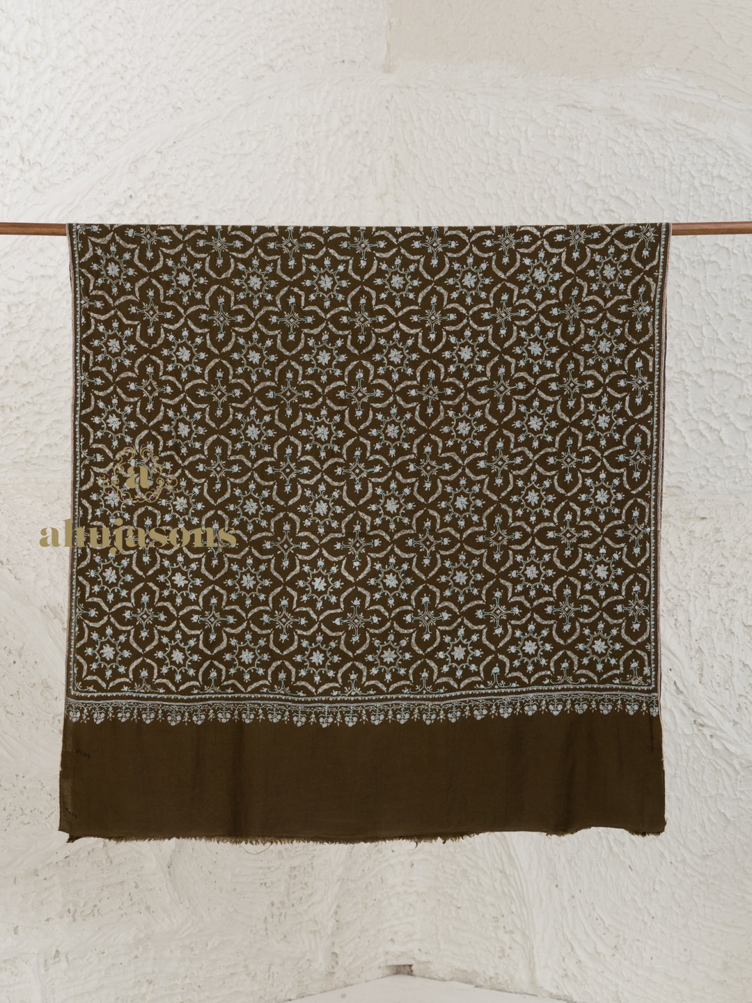 Brown Handloom Pure Pashmina Shawl rendered in Jaal