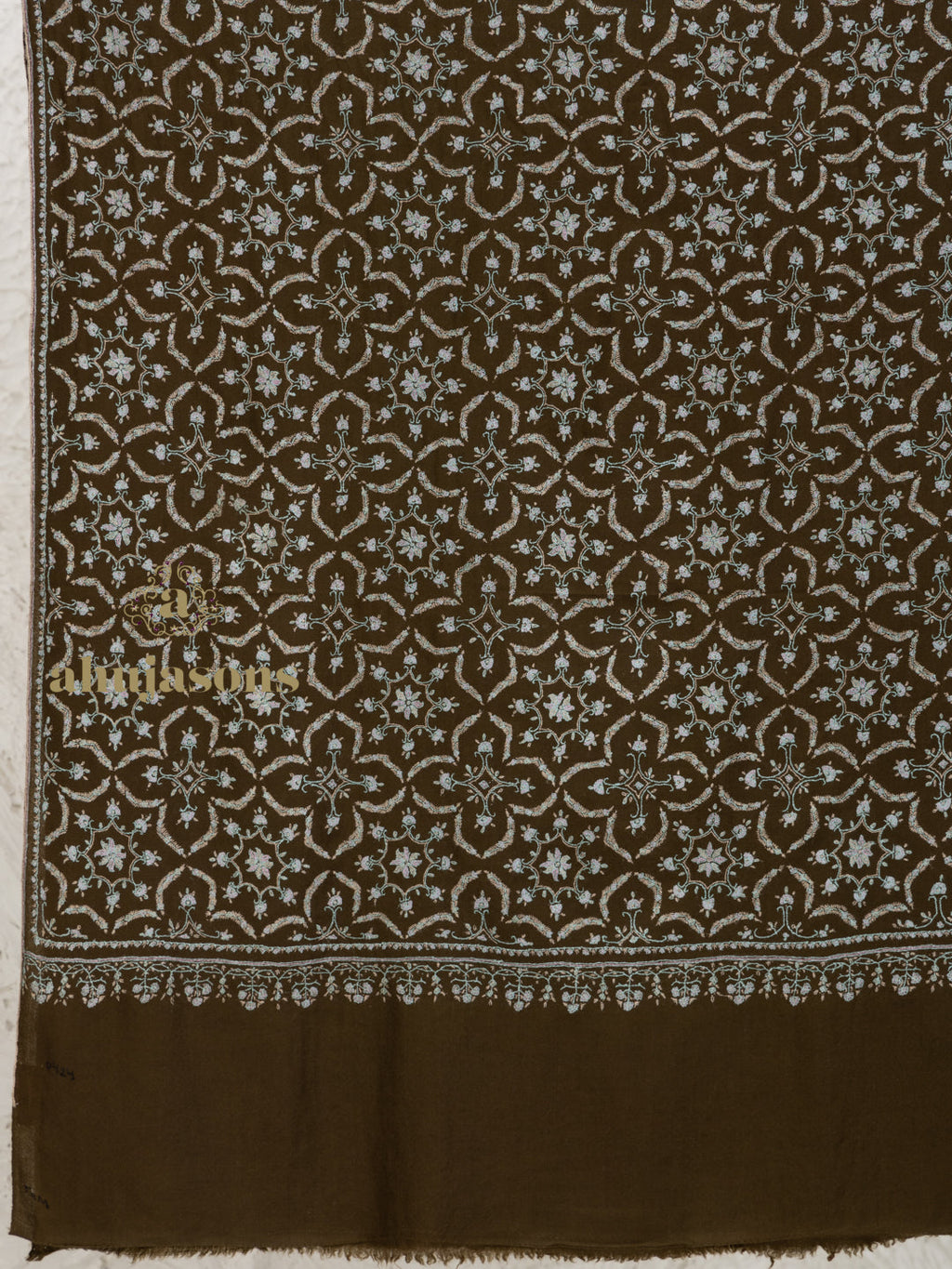 Brown Handloom Pure Pashmina Shawl rendered in Jaal