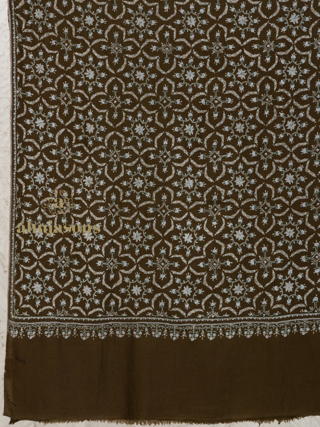 Brown Handloom Pure Pashmina Shawl rendered in Jaal