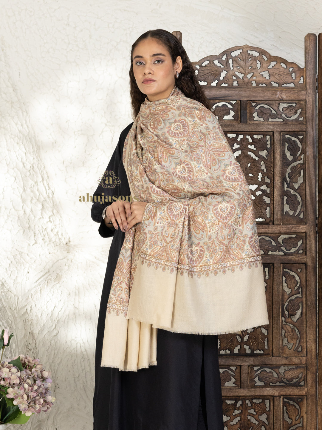 Beige Woollen Shawl adorned with sublime Full Jama Embroidery