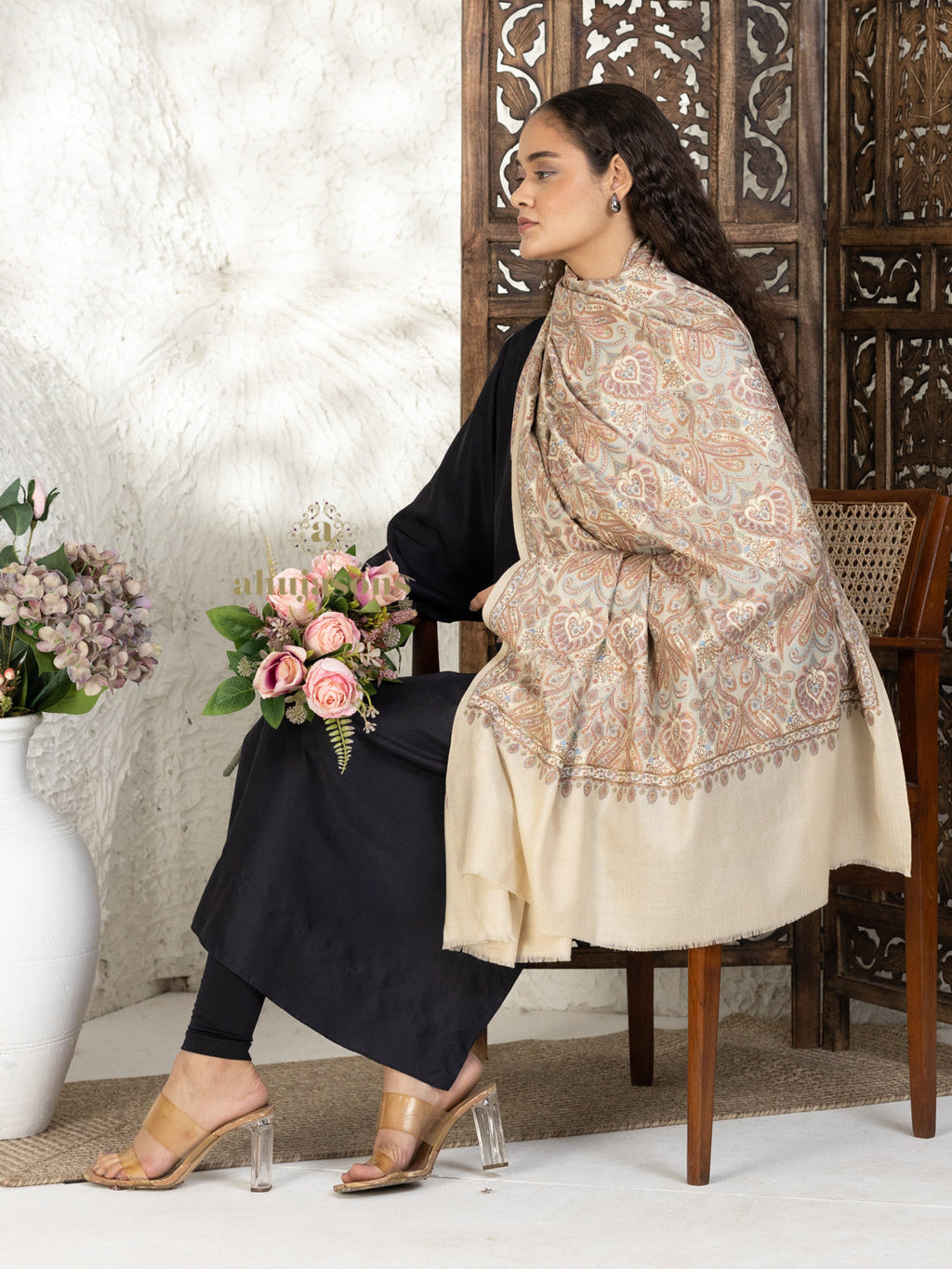 Beige Woollen Shawl adorned with sublime Full Jama Embroidery