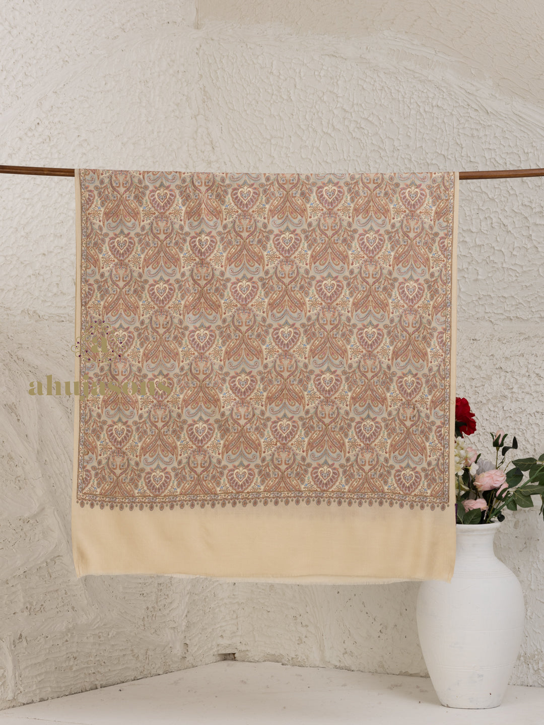 Beige Woollen Shawl adorned with sublime Full Jama Embroidery