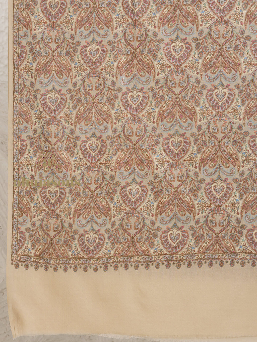 Beige Woollen Shawl adorned with sublime Full Jama Embroidery